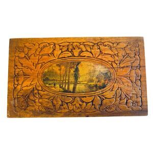 VTG Floral CARVED WOOD DOVE TAIL HINGED TRINKET JEWELRY BOX Pastoral Scene